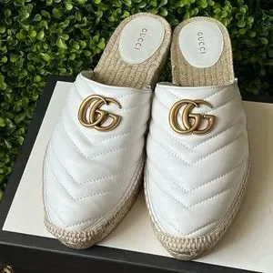 GUCCI★素敵！WHITE ESPADRILLE CHARLOTTE SLIDE G LOGO Women's espadrille with crystal Interlocking G in white